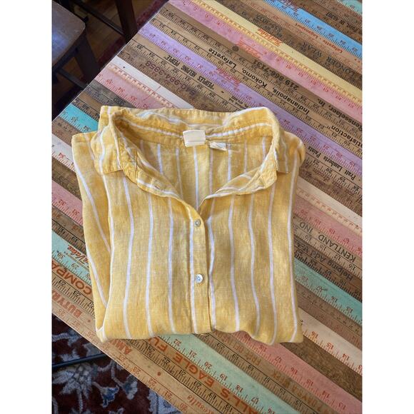 C & C California Top Womens XL 100% LINEN Off Yellow Stripe Button Up Shirt - Picture 12 of 12
